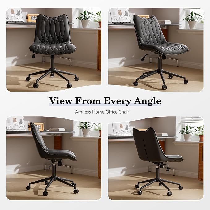 Armless Office Chair, Swivel Rolling Leather Desk Chair, Brown | Waterproof Upholstery, Padded Seat, 15° Relaxing Tilt, 330 LBS Capacity, for Bedroom Vanity and Computer Work