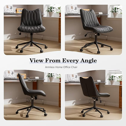 Armless Office Chair, Swivel Rolling Leather Desk Chair, Brown | Waterproof Upholstery, Padded Seat, 15° Relaxing Tilt, 330 LBS Capacity, for Bedroom Vanity and Computer Work