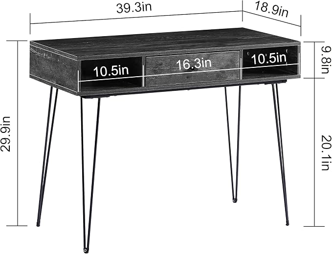 VECELO 39.3" Home Office Work Table with Drawers,Computer Desk with Hairpin Leg for Writing/Study,Charcoal Grey