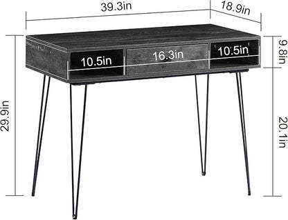 VECELO 39.3" Home Office Work Table with Drawers,Computer Desk with Hairpin Leg for Writing/Study,Charcoal Grey