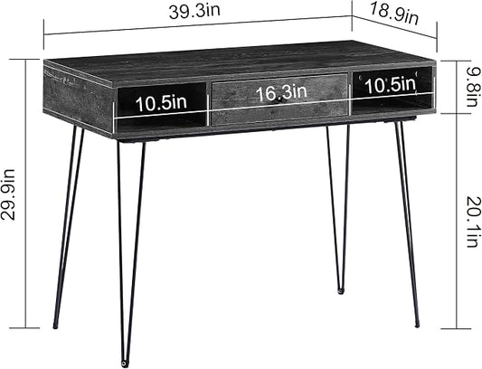 VECELO 39.3" Home Office Work Table with Drawers,Computer Desk with Hairpin Leg for Writing/Study,Charcoal Grey