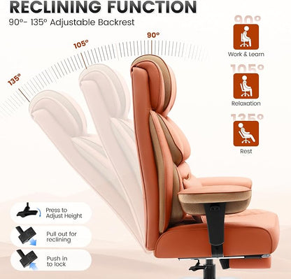 BestGlory Office Desk Chair, Big and Tall Leather Gaming Chair with Footrest, Wide Ergonomic Comfy Executive High-Back Reclining Computer Chairs, Swivel Rolling Wheels and Lumbar Support, Brown