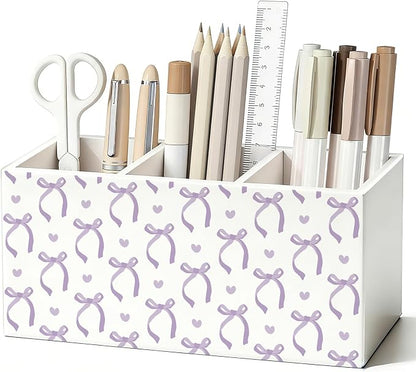 Purple Bow Pen Pencil Holder for Office Desk Accessories Decor | Coquette Office Accessories for Women, Cute Bow Pen Pencil Wooden Organizer Decorations for Dorm Room Bedroom Tabletop Desk