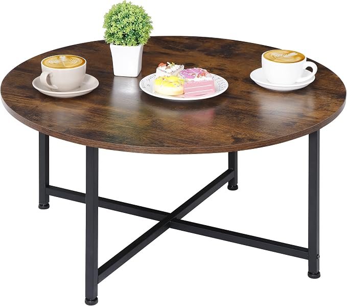 ZenStyle Round Coffee Table, Industrial Style Cocktail Desk Modern Leisure Tea Table, Kitchen Dining Table for Living Room, Dining Room, Tea, Home Office Balcony with Durable Metal Frame