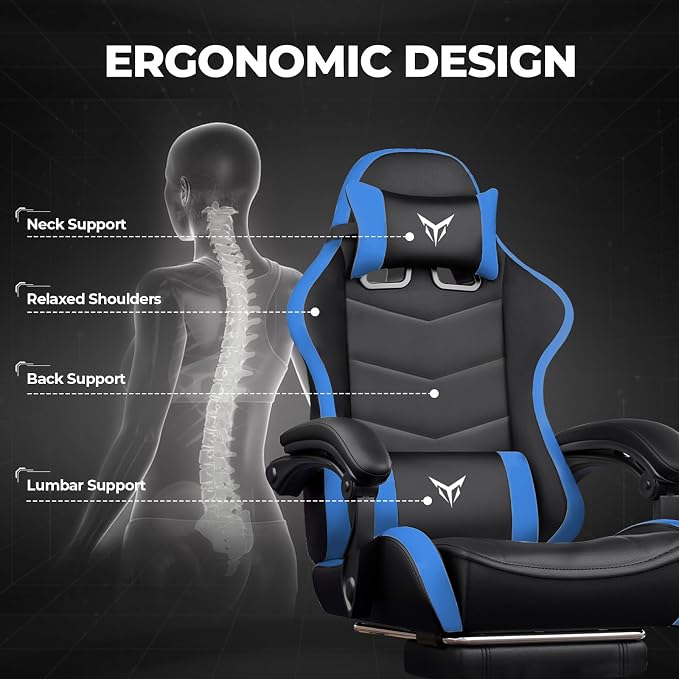GTPLAYER Gaming Chair for Adults, Big and Tall 300LBS Heavy Duty Office Chair with Footrest, Ergonomic High Back Lumbar Support and Wide Comfy Cushion with Linkage Armrests for Home Office, Blue