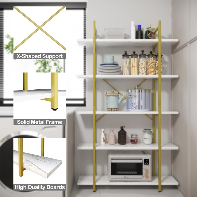 5 Tiers Bookshelf Organizer White Faux Marble Shelf,Modern Open Display Storage Bookcase, and Metal Bookshelf Standing Storage Shelf Tall Shelving Units for Home Office Study