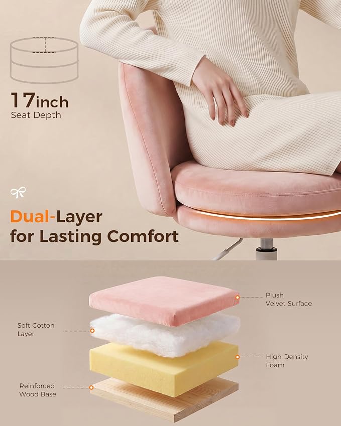 GTPLAYER Velvet Tall Office Chair with Wheels Vanity Chairs with Back, Versatile Height Use: Office to Bar Stools Small Ergonomic Comfy Armlees Computer Desk Chair with Bow Lumbar Pillow for Gift