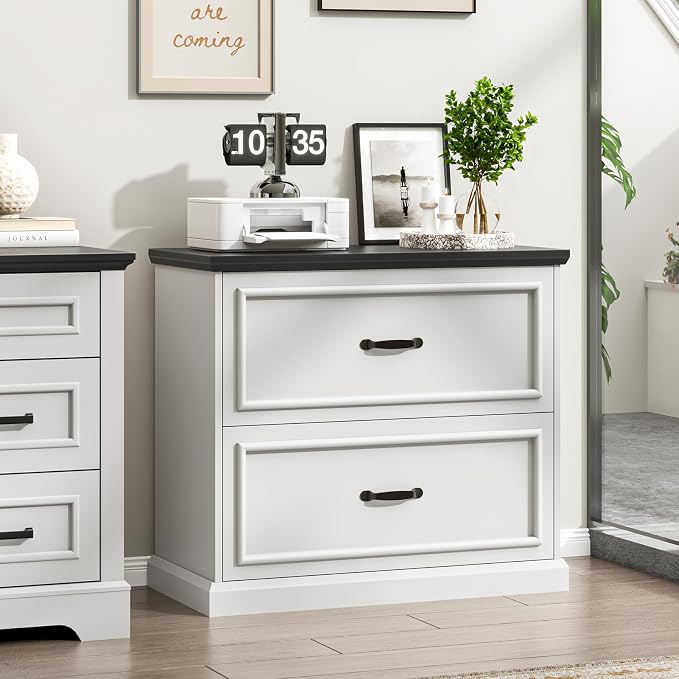 Halitaa 2 Drawer File Cabinet, Farmhouse Lateral Filing Cabinet for Letter/A4/Legal Size Hanging Files, Large Wood File Storage Cabinets Printer Stand for Home Office, White and Black