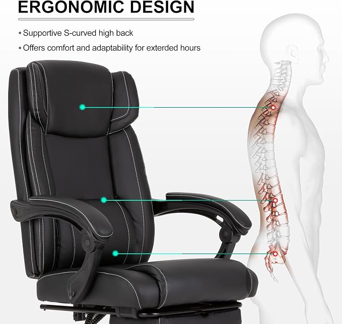 Reclining Office Chair with Footrest,Ergonomic Home Office Desk Computer Chair with Lumbar Support,Thick Executive Leather Chair,90-155° Adjustable (Black)