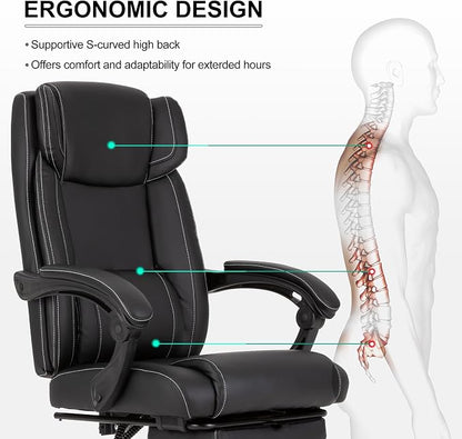 Reclining Office Chair with Footrest,Ergonomic Home Office Desk Computer Chair with Lumbar Support,Thick Executive Leather Chair,90-155° Adjustable (Black)
