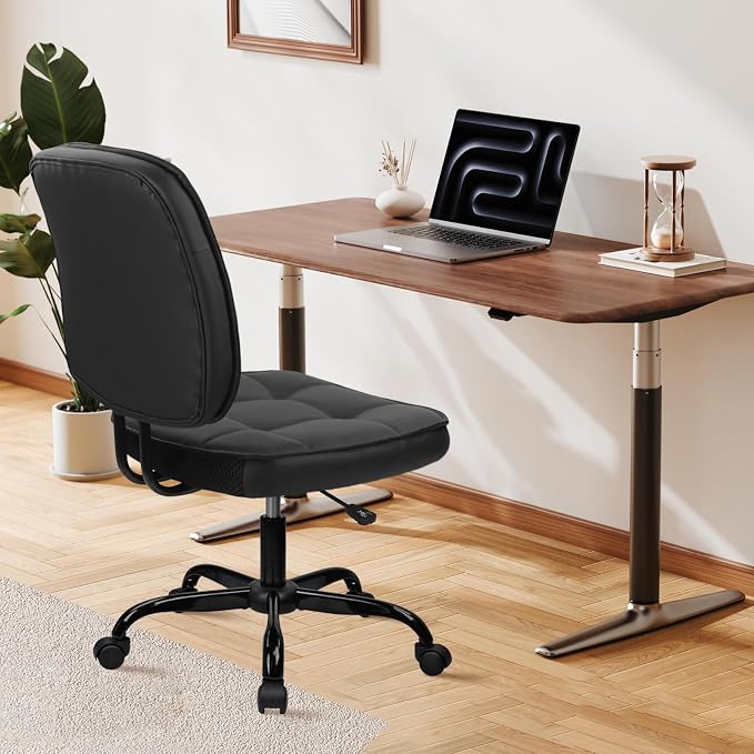 CLATINA Home Office Chair No Arms with Wheels, Armless Small Leather Ergonomic Low Back Desk Chairs Adjustable Height 360° Swivel Rolling Computer Task Chair for Work Conference Room, Black, 4 Pack