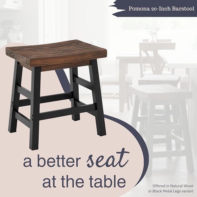 Alaterre Furniture Pomona Rustic Industrial Barstool – 20” Backless Counter Stool with Solid Pine Wood Seat and Black Metal Legs – Farmhouse Seating for Dining Room, Kitchen, or Office (Natural/Black)
