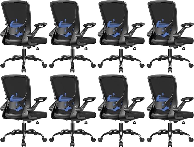 BESTFAIR Ergonomic Office Chair, Mesh Computer Desk Chairs with Lumbar Support, Swivel Desk Chair with Flip-up Arms and Adjustable Height, Black, 8-Pack