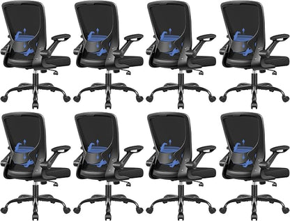 BESTFAIR Ergonomic Office Chair, Mesh Computer Desk Chairs with Lumbar Support, Swivel Desk Chair with Flip-up Arms and Adjustable Height, Black, 8-Pack