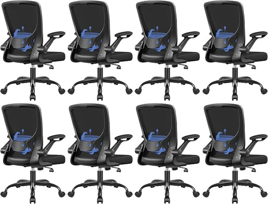 BESTFAIR Ergonomic Office Chair, Mesh Computer Desk Chairs with Lumbar Support, Swivel Desk Chair with Flip-up Arms and Adjustable Height, Black, 8-Pack