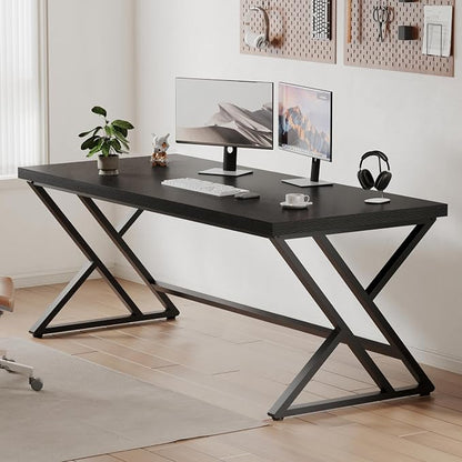 LVB Modern Black Computer Desk, Long Industrial Home Office Desk for Student, Large Metal Wood Writing Study Computer Table, Farmhouse Executive Simple Gaming PC Work Desk for Bedroom, Black, 60 Inch