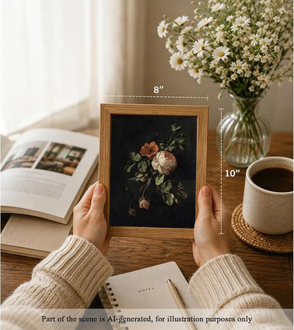 CXQILVER Framed Vintage Dark Floral Wall Art, Botanical Rose Canvas Print, Antique Still Life Flower Painting Rustic Dark Academia Wall Decor, Classical Floral Artwork for Bedroom Living Room 8x10in