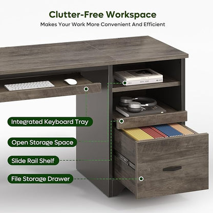 Bestier 47" Office Desk with Drawers, Industrial Computer Desk with Drawer, Reversible Teacher Desk with Storage & Keyboard Tray for Small Space Home Office & Studio, Gray Wash