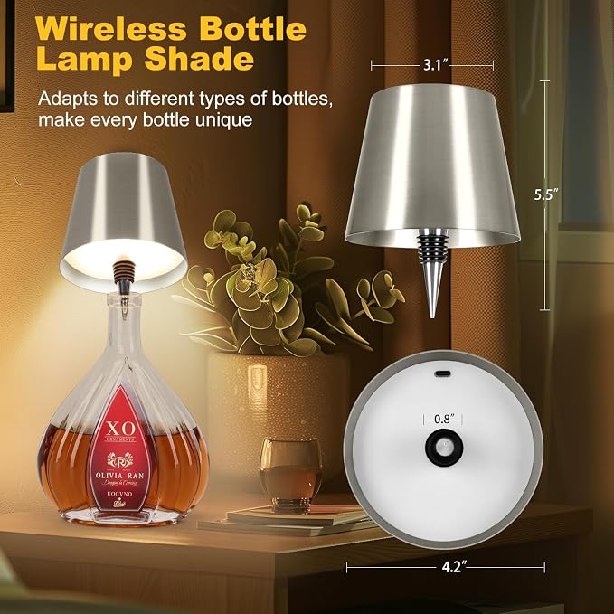 Wireless Bottle Lamp, 2026 New 3 Color Rechargeable Led Wine Bottle Lights for Bars Restaurants (Silver, 1PC)