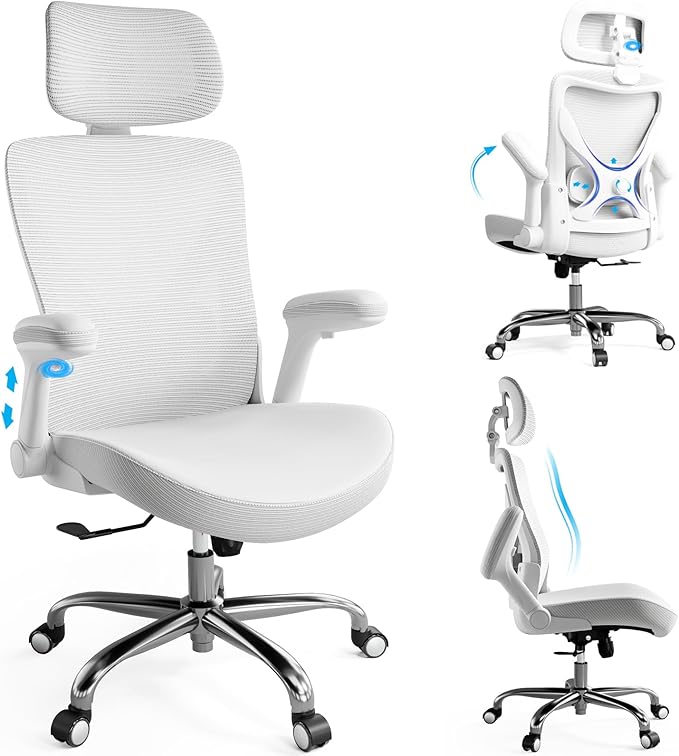 Ergalithic Office Home Ergonomic Desk Chair-Computer X-Shaped Chair Mesh PU Leather with Adjustable Lumbar Support-Executive Chair High Back with Headrest Flip-Up Arms for Long Hours (White)