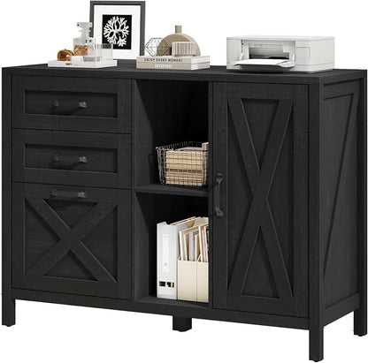 Vabches Lateral File Cabinet, Farmhouse 3 Drawer File Cabinet with Open Storage Shelf for Letter/Legal/A4 Size Hanging Files, Large Wood Storage Cabinets Printer Stand for Home Office, Black