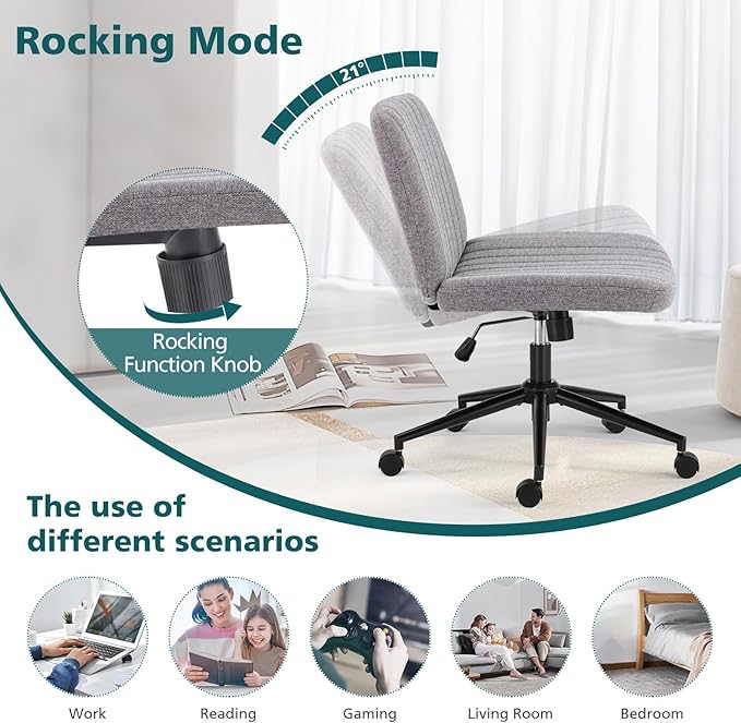 OLIXIS Criss Cross Chair with Wheels Wide Cross Legged Office Desk Vanity Chair Comfy Fabric Armless Height Adjustable Swivel for Home Computer Task Gray