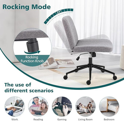 OLIXIS Criss Cross Chair with Wheels Wide Cross Legged Office Desk Vanity Chair Comfy Fabric Armless Height Adjustable Swivel for Home Computer Task Gray