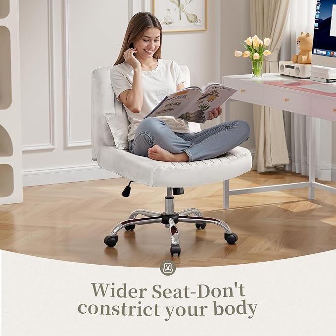 Warmiehomy Velvet Office Chair, Luxury Criss Cross Chair with Wheels, Comfy Cross Legged Desk Chair for Home Office, Stylish Vanity Chair, Wide Seat Computer Chair, Best Gift for Girls, Pure White