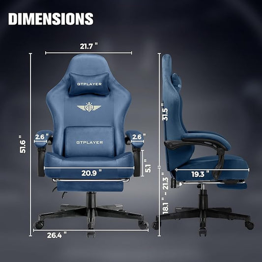 GTPLAYER Big and Tall Gaming Chair 400lbs Heavy Duty Office Chair with Foot Rest, High Back Pocket Spring Ergonomic Computer Chair for Adults, Wide Comfy Seated Cushion with Linkage Armrests, Blue