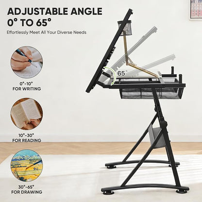Magshion Professional Drafting Table for Adults w/Stool, Tilting Wooden Tabletop & Adjustable Height, Art Craft Desk Watercolor Paintings Sketching Work Station for Studio Home Office School (White)