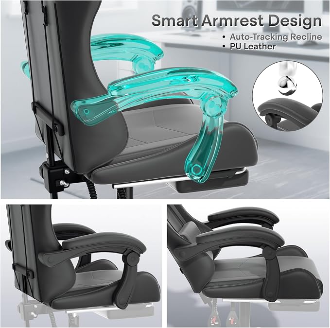 Athena Collection Ergonomic Gaming Chair with Footrest & Headrest Lumbar Support, Height Adjustable Swivel Office Chair Reclining Game Chair High Back Computer Chair for Adults, Carbon Fiber Black