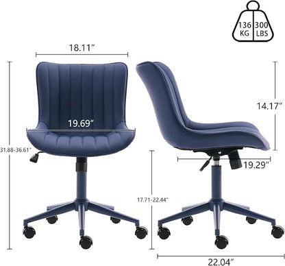 YOUNIKE Office Desk Chair with Wheels Armless Vanity Chair with Back Comfy Leather Upholstered Rolling Task Chair Swivel Small Cute Sewing Chair No Arms Wide Ergonomic Mid-Century Modern Navy Blue
