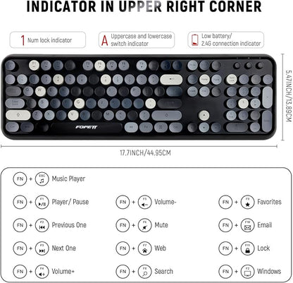 FOPETT Wireless Keyboard and Mouse Combo - 2.4G Full-Sized Cute Colorful Retro Keyboard with Round Keycaps 104 Keys Typewriter Keyboard for Laptop/Windows/PC - Grey Colorful