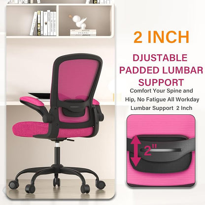 Mimoglad Ergonomic Office Chair - Desk Chair with Flip-up Armrests & 135° Recline, Adjustable Lumbar Support - Space-Saving Task Chair for Business/Team Office & Home (Modern, Rose-Carmine)