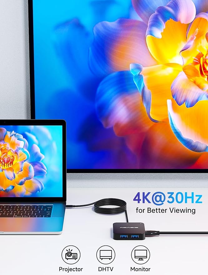 USB C Hub Long Cable 4FT 10Gbps, Multiport Adapter with 4K 60Hz HDMI, 100W Power Delivery, 3 USB A3.1+1 USB-C 3.1 Data Port, USB c to HDMI Adapter for MacBook, Dell, Lenovo, Surface, iPad PRO