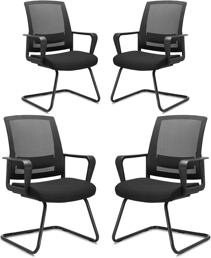 CLATINA Waiting Room Chairs with Armrests and Adjustable Lumbar Support, Breathable Mesh Back Desk Chair No Wheels, Office Guest Chairs & Reception Chair for Conference Room, Black, 4PK