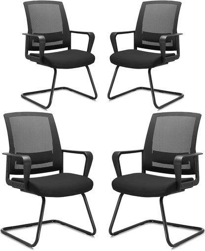 CLATINA Waiting Room Chairs with Armrests and Adjustable Lumbar Support, Breathable Mesh Back Desk Chair No Wheels, Office Guest Chairs & Reception Chair for Conference Room, Black, 4PK
