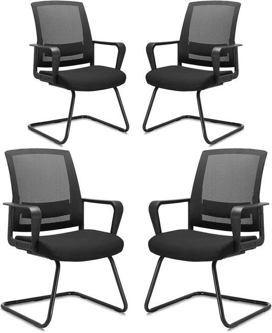 CLATINA Waiting Room Chairs with Armrests and Adjustable Lumbar Support, Breathable Mesh Back Desk Chair No Wheels, Office Guest Chairs & Reception Chair for Conference Room, Black, 4PK