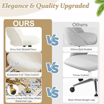 VINGLI Modern Teddy Fluffy Small Office Chair,Cute Desk Chair with Wheels,Gold Base/Studs, Comfy Armless Swivel Vanity Task Chair for Women/Girl/Kids, Nail Tech Chair for Bedroom,Small Space,White