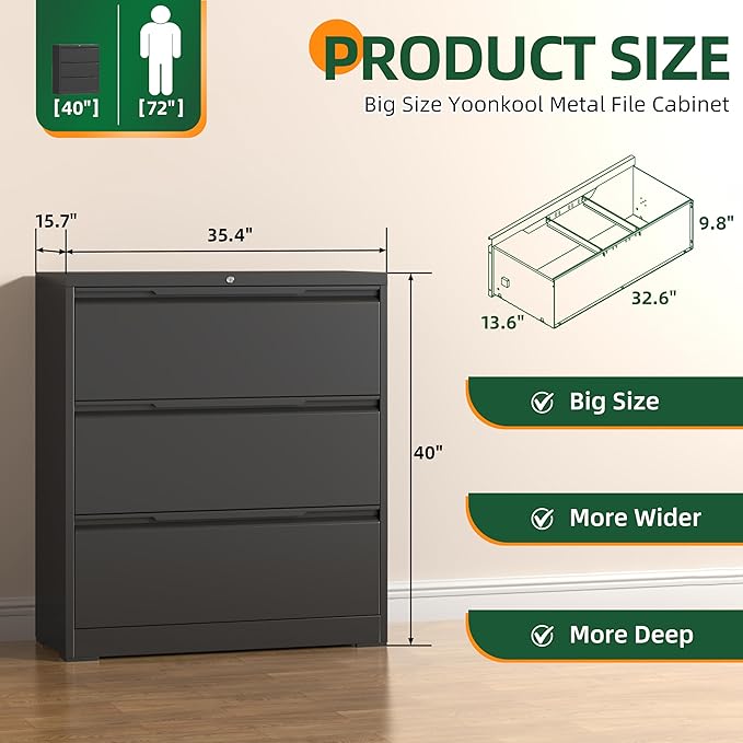 Lateral File Cabinet 3 Drawer, Metal File Cabinet with Lock | Filing Cabinets for Home Office, Black Locking Deep Drawer for Hanging Files Letter/Legal/A4/F4 Size, Assembly Required