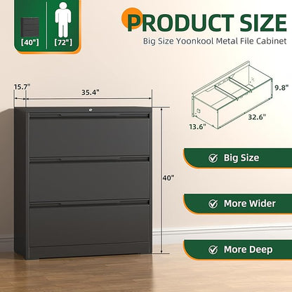 Lateral File Cabinet 3 Drawer, Metal File Cabinet with Lock | Filing Cabinets for Home Office, Black Locking Deep Drawer for Hanging Files Letter/Legal/A4/F4 Size, Assembly Required