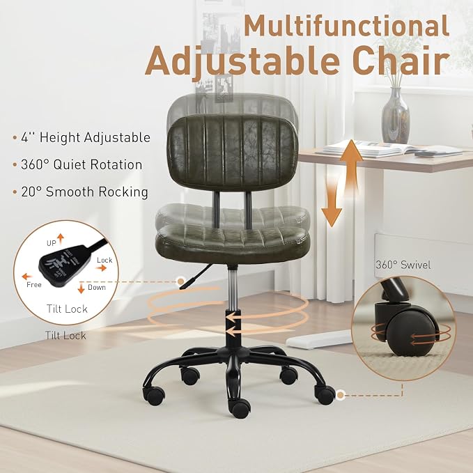 DRMBOOK Small Home Office Desk Chair with Wheels, Armless Comfy Vanity Chair Swivel Computer Task Chair No Arms, Modern Height Adjustable Low Back Rolling Chair for Small Space (PU Leather Green)