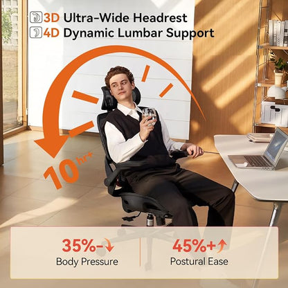 SIHOO B100 PRO Mesh Office Chair with Footrest, Ergonomic Office Chair with Adaptive Lumbar Support, Desk Chair with Wide Headrest, Computer Chair with 360° Rotatable Flip-Up Armrests, Light Black