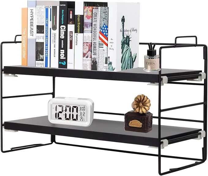 PowerKing Desk Shelf Organizer, 2-Tier Desktop Shelves with Wood Board, Adjustable Bookshelf Storage Rack for Home Office School Study Room (Black Frame + Black Wood)