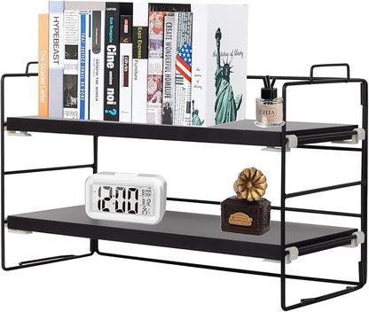 PowerKing Desk Shelf Organizer, 2-Tier Desktop Shelves with Wood Board, Adjustable Bookshelf Storage Rack for Home Office School Study Room (Black Frame + Brown Wood)