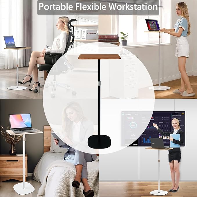 Small Laptop Standing Desk, Adjustable Height Pedestal End Table with Wooden Top, Portable Tall Side Table Workstation, Sit-Stand Desks for Bedside,Sofa,Couch, Living Room, Bedroom, Home Office, Brown