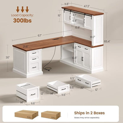 SEDETA 67" Farmhouse L Shaped Desk with Hutch, Executive Home Office Desks with 4 Drawers & Storage Cabinet, Corner Computer Desk with Sliding Doors, File Drawer & Power Outlet, White+Brown