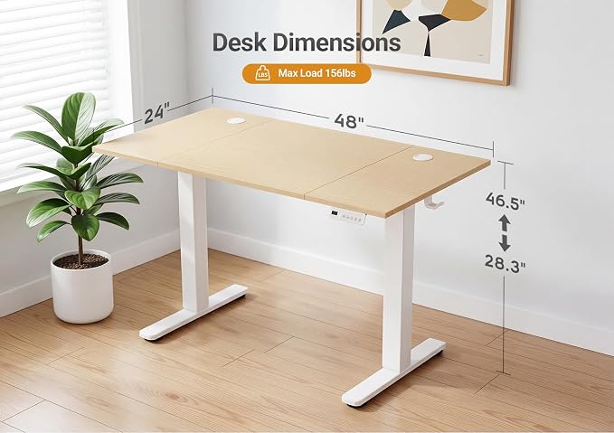 YDN Electric Standing Desk Adjustable Height, 48 x 24 Inches Sit Stand up Desk with Memory Presets & Cable Management, Home Office Desk for Office & Computer Workstation, White Frame/Nature Top