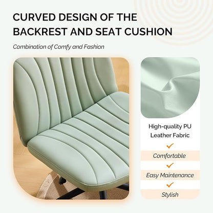 VINGLI Criss Cross Legged Chair,Wide Comfy Office Desk Chair,Dual-Use with/no Wheels Computer Task Chair,Swivel Armless Vanity Rolling Chair for Study,Make Up,Home Office,Cat Scratch PU,Mint Green
