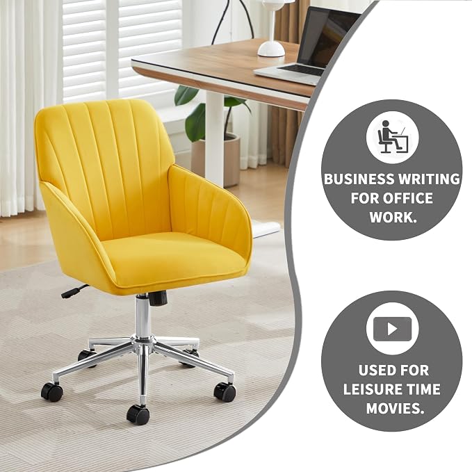 Velvet Home Office Desk Chair, Modern Cute Computer Task Chair with Back, Height Adjustable Upholstered Vanity Chair with Swivel Wheels for Women, Girls (Silver Base, Lemon Yellow